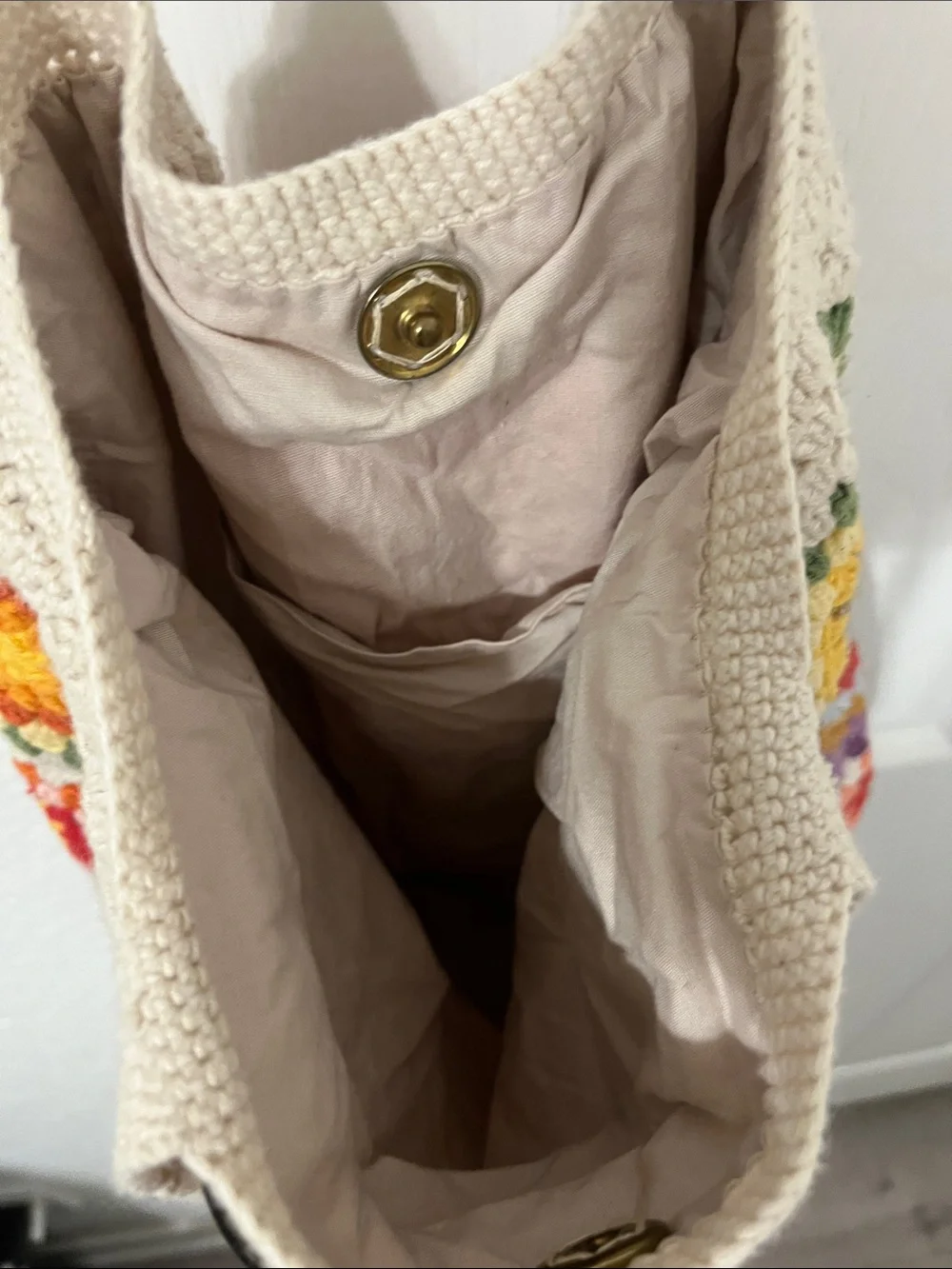 Cream Crochet Patchwork Tote Bag with Multicolor Squares